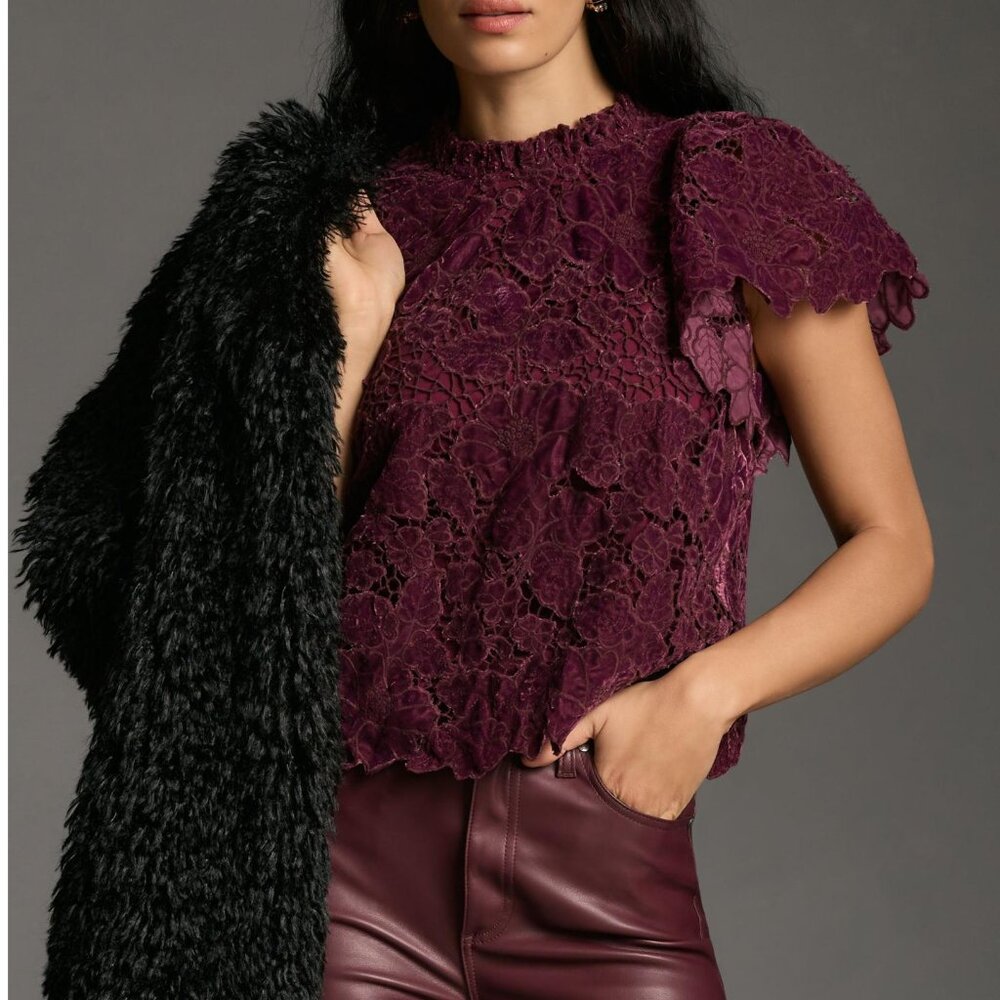 By Anthropologie Ruffled Lace Blouse Dark Purple XXS 2XS